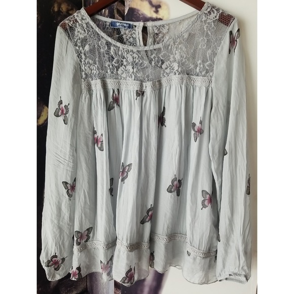 GIULIA Women's Long Sleeve Lace Trim Neckline Silk Overlay Butterfly Blouse sz M - Picture 2 of 9